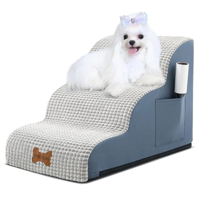 POCBLUE Dog Stairs for Small Dogs 15.7" H, Wide Pet Step for Couch/Sofas/Chairs, Curved Pet Ramps for Small Dogs & Cats with High-Density Foam and Washable Cover, 3-Step, Grey by POCBLUE - Image 1