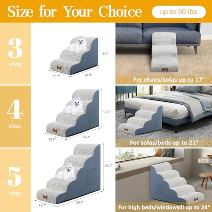 POCBLUE Dog Stairs for Small Dogs 15.7" H, Wide Pet Step for Couch/Sofas/Chairs, Curved Pet Ramps for Small Dogs & Cats with High-Density Foam and Washable Cover, 3-Step, Grey by POCBLUE - Image 2