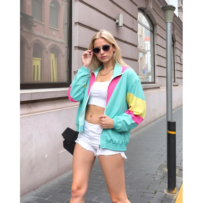 UOUA 80s Windbreaker Jacket for Women Retro Neon Color Block Patchwork Wind Breaker Long Sleeve Reversible Casual Coat MintGreen S by UOUA - Used - Like New condition - US$35.14