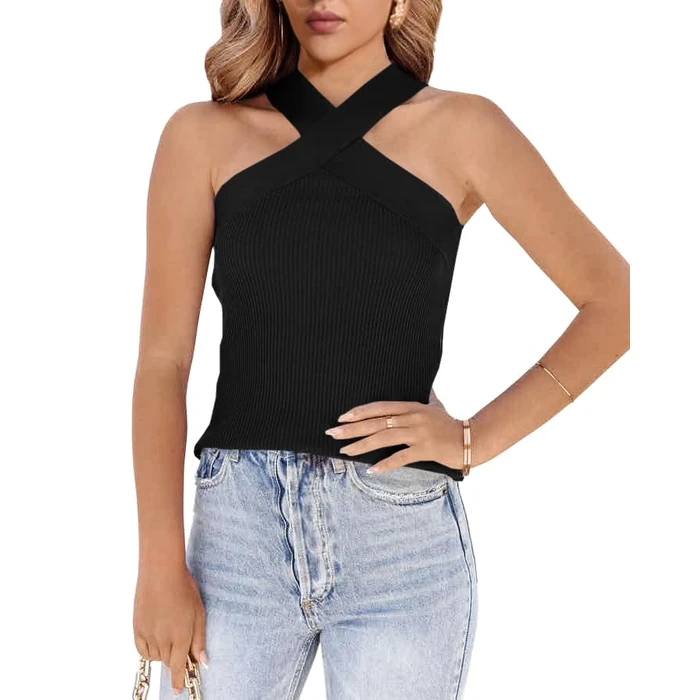 Womens Criss Cross Halter Sweater Vest Tops Summer Sleeveless Pullover Casual Lightweight V Neck Knit Tank Top Black by Ebifin - Used - Like New condition - US$27.54