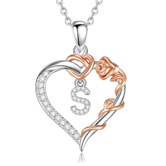 Vito Copper Silver Plated Initial Heart Necklace with Cubic Zirconia for Women, Rose Gold-Plated Flower Letter S Pendant Heart A to Z Alphabet Personalized Jewelry Gifts, 18"+2" Stainless Steel O Link Chain by Vito - Used - Like New condition