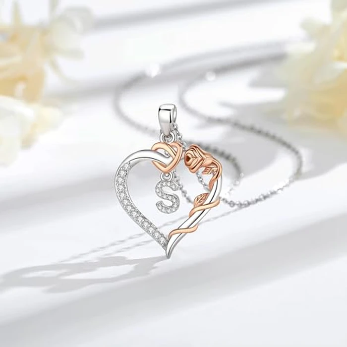 Vito Copper Silver Plated Initial Heart Necklace with Cubic Zirconia for Women, Rose Gold-Plated Flower Letter S Pendant Heart A to Z Alphabet Personalized Jewelry Gifts, 18"+2" Stainless Steel O Link Chain by Vito - Image 2