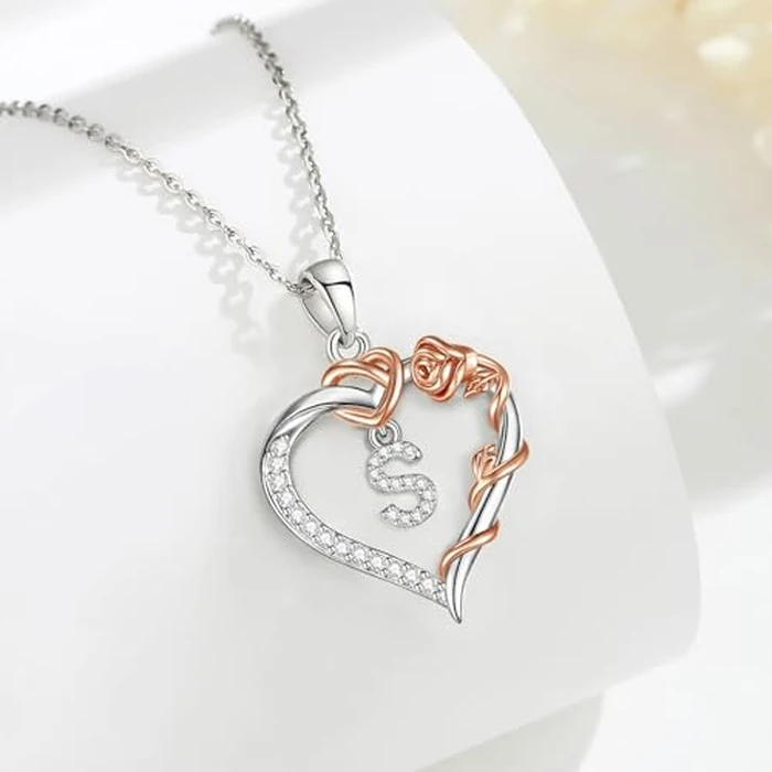 Vito Copper Silver Plated Initial Heart Necklace with Cubic Zirconia for Women, Rose Gold-Plated Flower Letter S Pendant Heart A to Z Alphabet Personalized Jewelry Gifts, 18"+2" Stainless Steel O Link Chain by Vito - Image 3