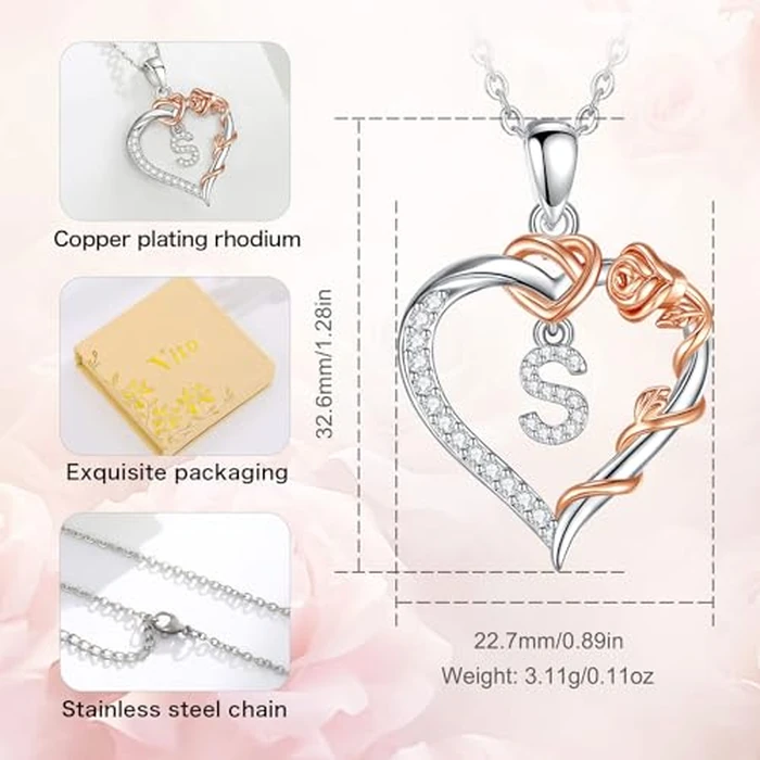 Vito Copper Silver Plated Initial Heart Necklace with Cubic Zirconia for Women, Rose Gold-Plated Flower Letter S Pendant Heart A to Z Alphabet Personalized Jewelry Gifts, 18"+2" Stainless Steel O Link Chain by Vito - Image 4