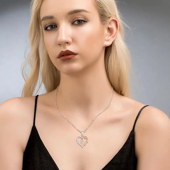 Vito Copper Silver Plated Initial Heart Necklace with Cubic Zirconia for Women, Rose Gold-Plated Flower Letter S Pendant Heart A to Z Alphabet Personalized Jewelry Gifts, 18"+2" Stainless Steel O Link Chain by Vito - Image 6