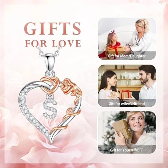 Vito Copper Silver Plated Initial Heart Necklace with Cubic Zirconia for Women, Rose Gold-Plated Flower Letter S Pendant Heart A to Z Alphabet Personalized Jewelry Gifts, 18"+2" Stainless Steel O Link Chain by Vito - Image 7