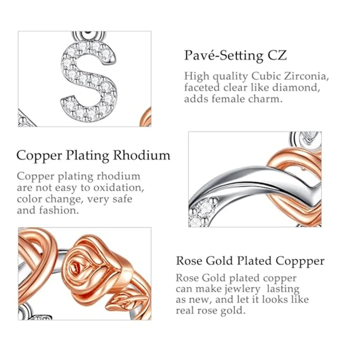Vito Copper Silver Plated Initial Heart Necklace with Cubic Zirconia for Women, Rose Gold-Plated Flower Letter S Pendant Heart A to Z Alphabet Personalized Jewelry Gifts, 18"+2" Stainless Steel O Link Chain by Vito - Image 8