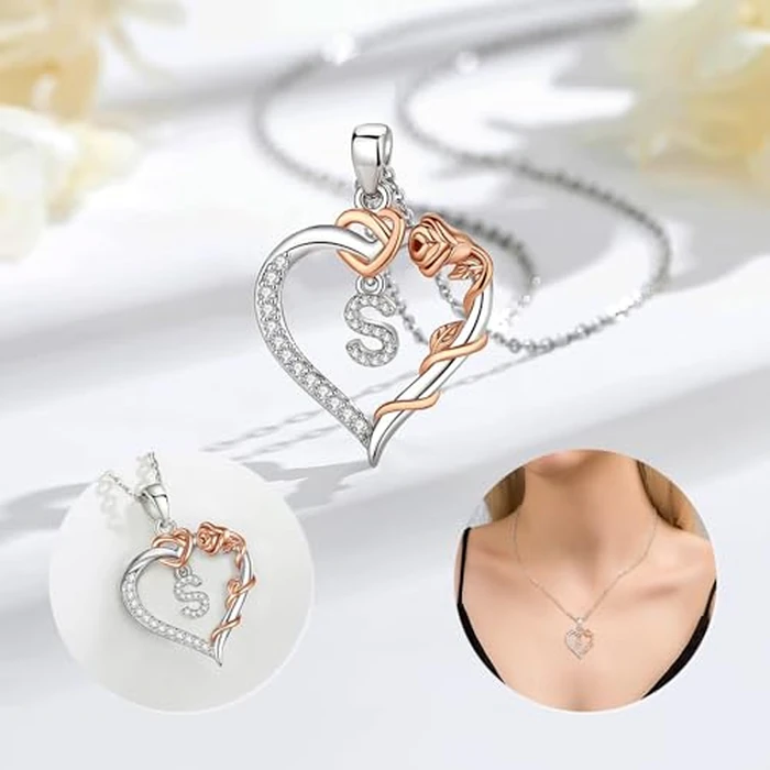 Vito Copper Silver Plated Initial Heart Necklace with Cubic Zirconia for Women, Rose Gold-Plated Flower Letter S Pendant Heart A to Z Alphabet Personalized Jewelry Gifts, 18"+2" Stainless Steel O Link Chain by Vito - Image 9