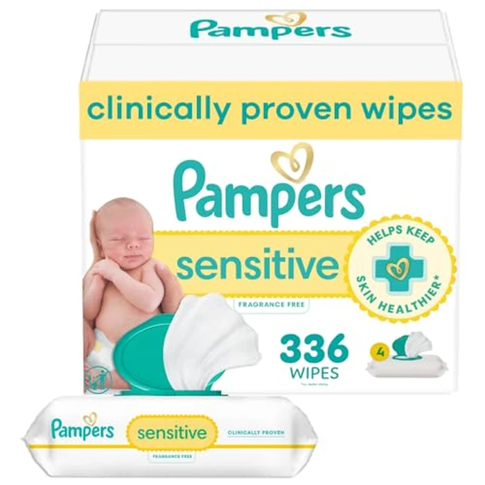 Pampers Baby Wipes, Sensitive, Water Based Wipe, Clinically Proven, Hypoallergenic, and Unscented for Babies, 336 Wipes Total (4 Flip-Top Packs) by Pampers - Used - Like New condition - US$12.02