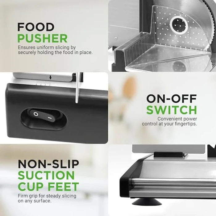 Nutrichef Electric Meat Slicer | 200W Automatic Meat, Deli & Bread Slicer | Adjustable Dial for 0-15mm Cutting Range Thickness | Removable 7.5 IN Stainless Steel Blade & Food Pusher for Safety (Black) by NutriChef - Image 6