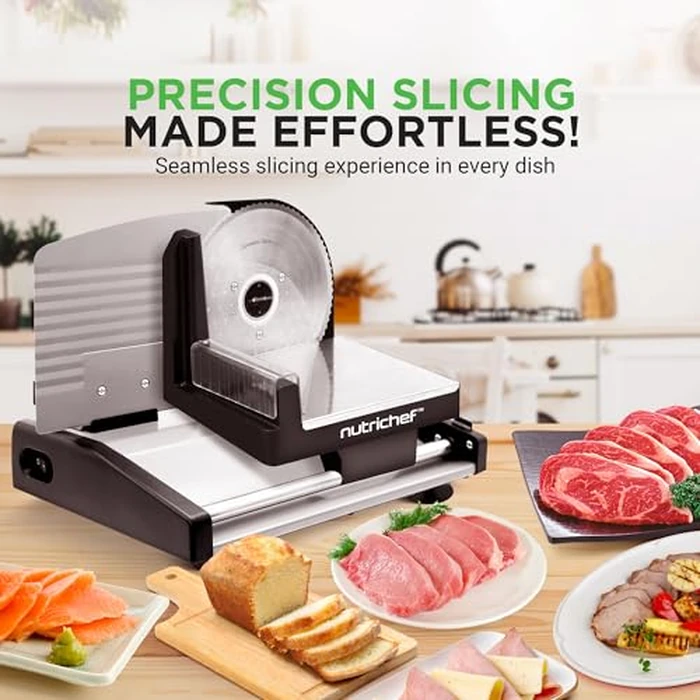 Nutrichef Electric Meat Slicer | 200W Automatic Meat, Deli & Bread Slicer | Adjustable Dial for 0-15mm Cutting Range Thickness | Removable 7.5 IN Stainless Steel Blade & Food Pusher for Safety (Black) by NutriChef - Image 8