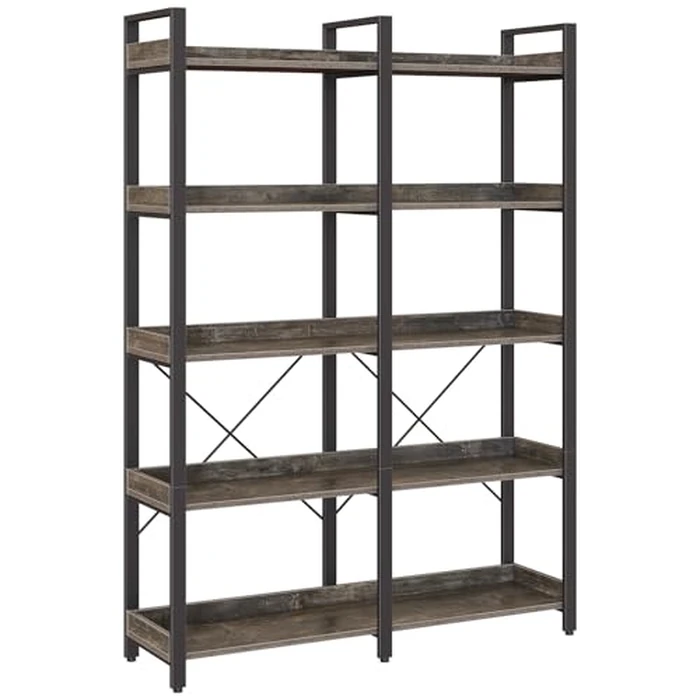 Seventable 5 Tier Large Bookshelf, 63" Tall Industrial Bookcase with 4 Hooks, Wooden Bookcase for Home Office Living Room, 43.3” Wide Standing Storage Shelf with Open Shelves, Grey by Seventable - Used - Good condition
