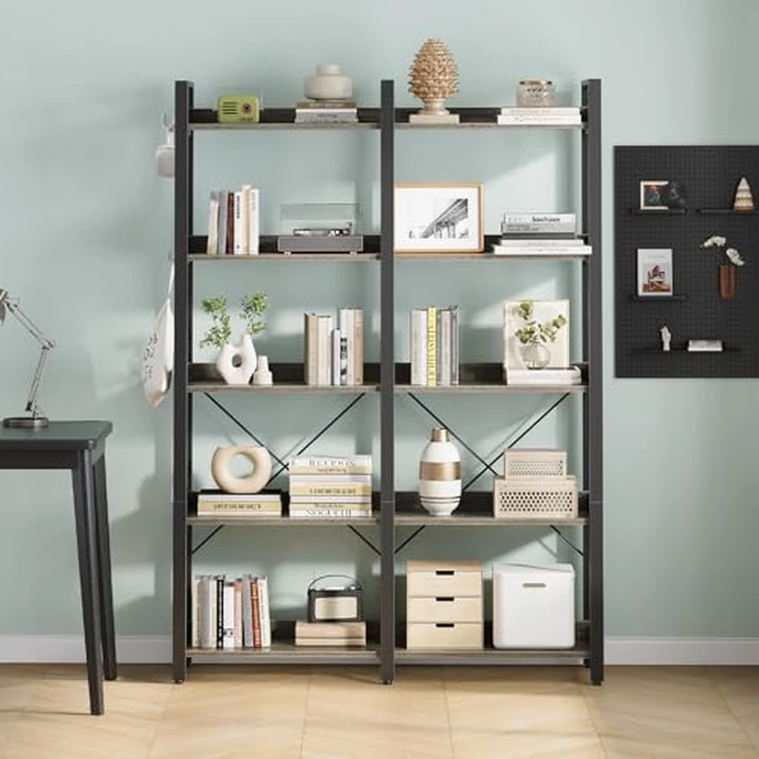 Seventable 5 Tier Large Bookshelf, 63" Tall Industrial Bookcase with 4 Hooks, Wooden Bookcase for Home Office Living Room, 43.3” Wide Standing Storage Shelf with Open Shelves, Grey by Seventable - Image 2