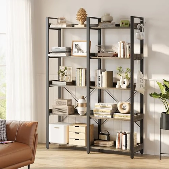 Seventable 5 Tier Large Bookshelf, 63" Tall Industrial Bookcase with 4 Hooks, Wooden Bookcase for Home Office Living Room, 43.3” Wide Standing Storage Shelf with Open Shelves, Grey by Seventable - Image 4