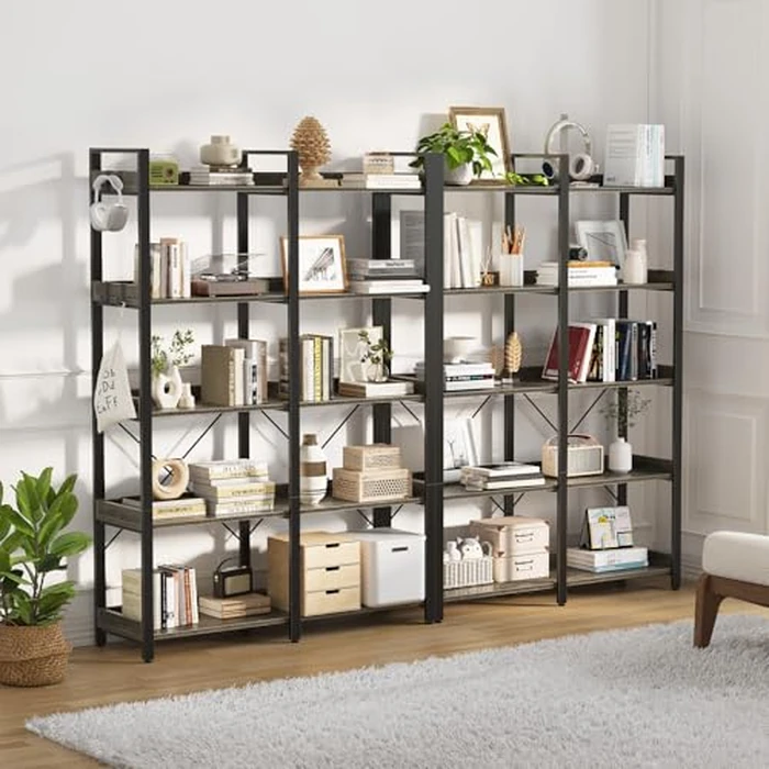 Seventable 5 Tier Large Bookshelf, 63" Tall Industrial Bookcase with 4 Hooks, Wooden Bookcase for Home Office Living Room, 43.3” Wide Standing Storage Shelf with Open Shelves, Grey by Seventable - Image 5
