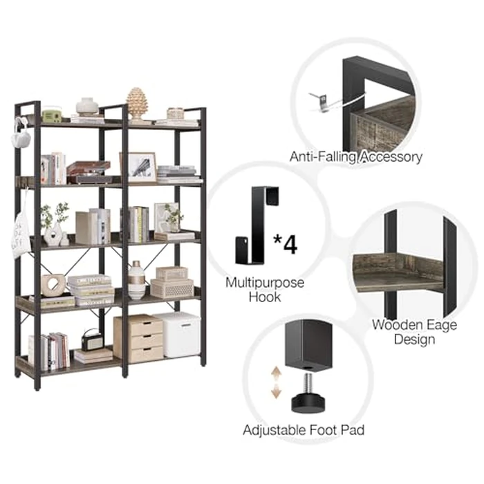 Seventable 5 Tier Large Bookshelf, 63" Tall Industrial Bookcase with 4 Hooks, Wooden Bookcase for Home Office Living Room, 43.3” Wide Standing Storage Shelf with Open Shelves, Grey by Seventable - Image 6