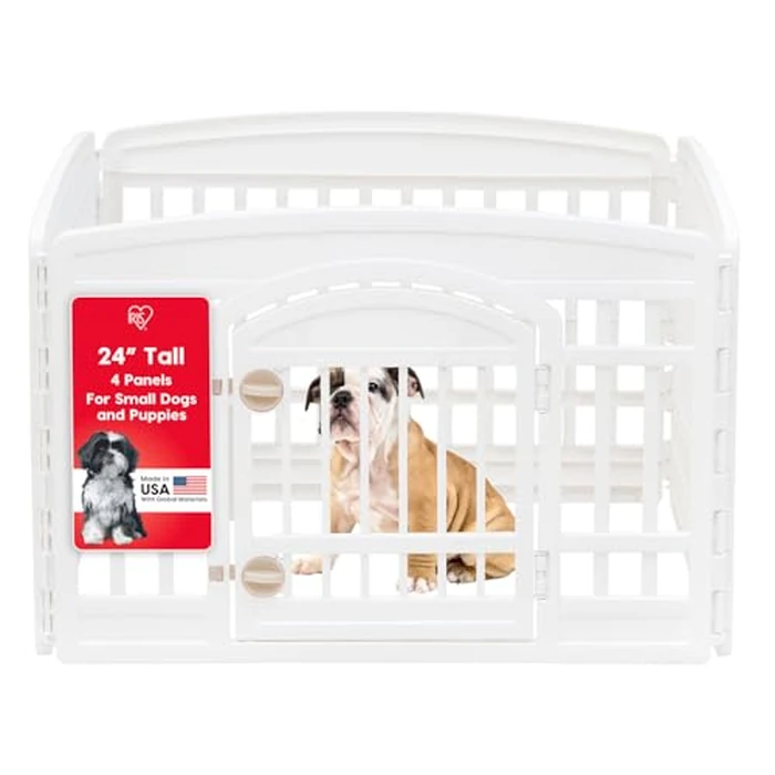 IRIS USA Dog Playpen with Door, 24” 4 Panel Pet Exercise Pen - Indoor Outdoor Puppy Play Pen, Portable Plastic Pet Fence for Small Medium Dogs, Foldable 35” x 35” x 24”, White by IRIS USA - Image 2