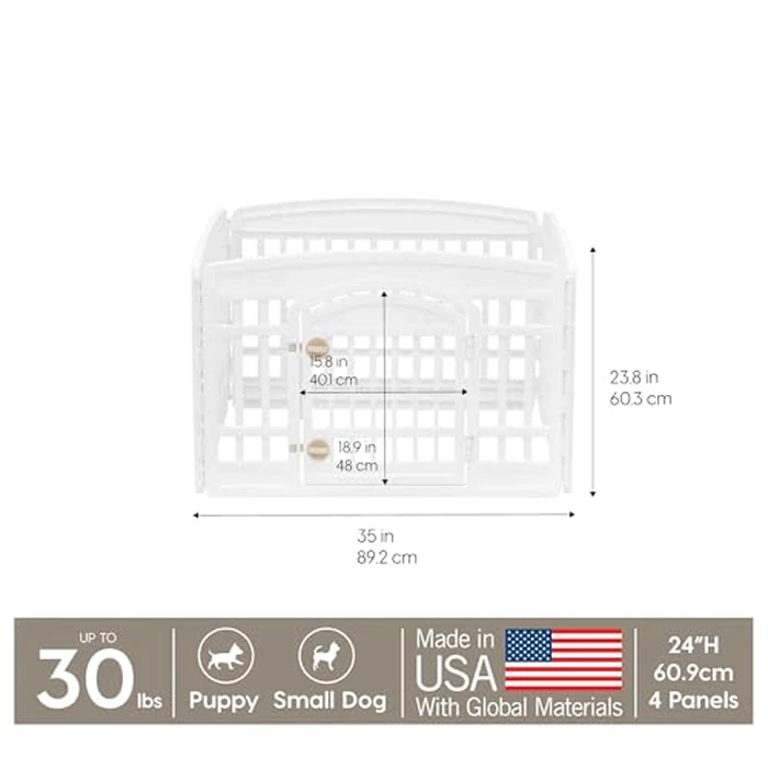 IRIS USA Dog Playpen with Door, 24” 4 Panel Pet Exercise Pen - Indoor Outdoor Puppy Play Pen, Portable Plastic Pet Fence for Small Medium Dogs, Foldable 35” x 35” x 24”, White by IRIS USA - Image 4