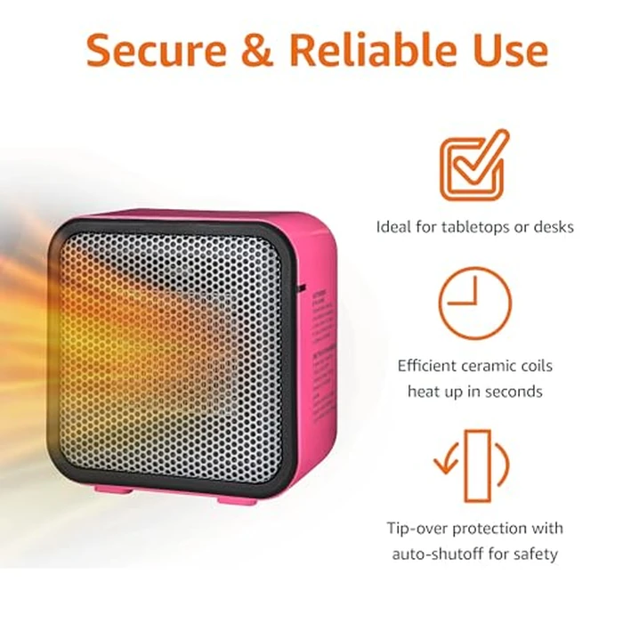 Amazon Basics Ceramic Space Heater, Mini Heater for Office Desk, Portable Tent Heater (Indoor Use), 500 W, With Tip-Over Protection, Lightweight (1.4 LBS), Pink, 5.87 x 3.15 x 5.95 inches by Amazon Basics - Image 2