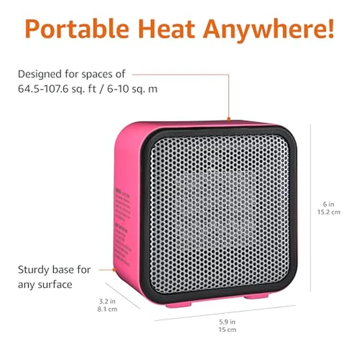 Amazon Basics Ceramic Space Heater, Mini Heater for Office Desk, Portable Tent Heater (Indoor Use), 500 W, With Tip-Over Protection, Lightweight (1.4 LBS), Pink, 5.87 x 3.15 x 5.95 inches by Amazon Basics - Image 3