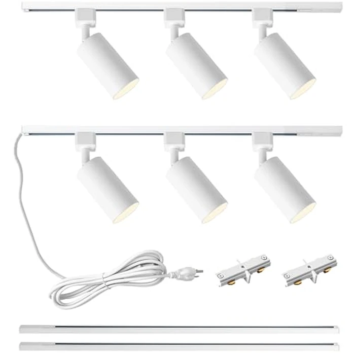 LRAEMXG Plug in Track Lighting with Power Cord, 6-Light GU10 Track Lighting Kit with 6.6FT H Type Track Lighting Rails, Modern Kitchen LED Track Lighting Fixtures Ceiling Spot Light, White (No Bulbs) by LRAEMXG - Used - Like New condition - CA$79.79