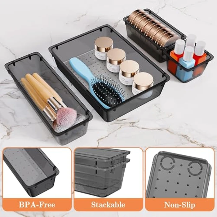 SpaceHacks 25 PCS Plastic Drawer Organizer Set, 4-Size Versatile Organizer Tool Trays & storage Bins for Makeup, Jewelry, and Gadgets in Bathroom, Bedroom and Office,Clear Black by SpaceHacks - Image 3