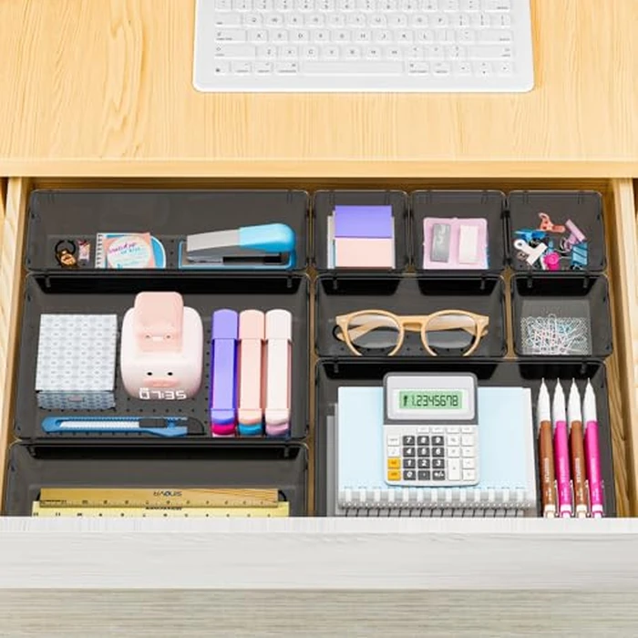SpaceHacks 25 PCS Plastic Drawer Organizer Set, 4-Size Versatile Organizer Tool Trays & storage Bins for Makeup, Jewelry, and Gadgets in Bathroom, Bedroom and Office,Clear Black by SpaceHacks - Image 7