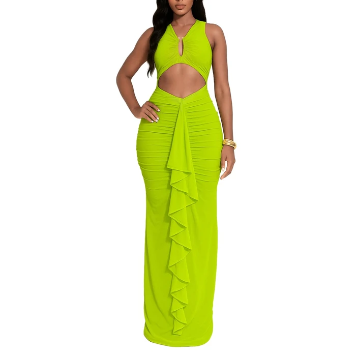 HWP Women Sexy Ruffle Midi Dresses V Neck Bodycon Sleeveless Ruched Club Date Night Dress Cut Out Dresses Light Green S by HWP - Used - Like New condition - US$35.13