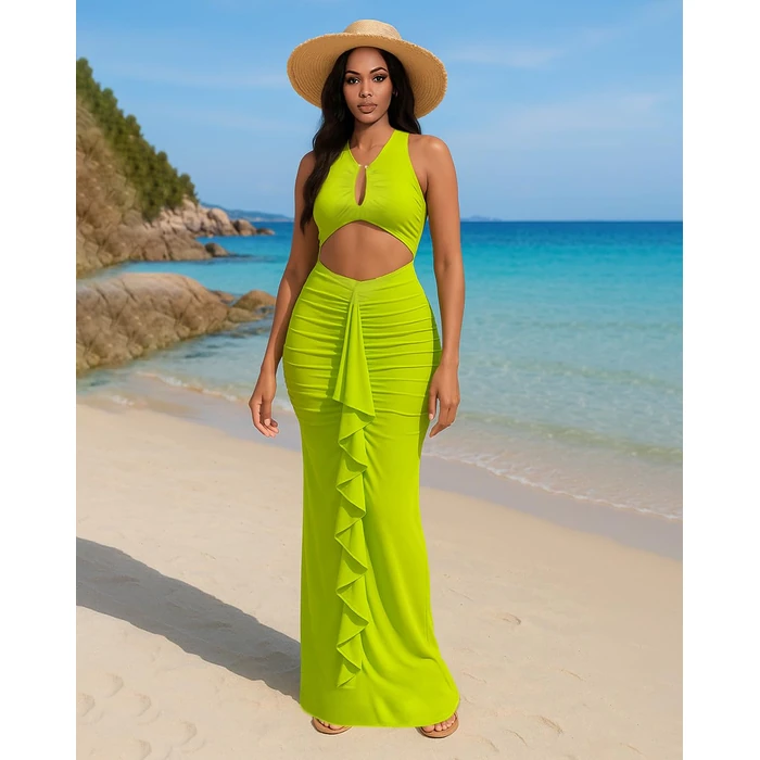 HWP Women Sexy Ruffle Midi Dresses V Neck Bodycon Sleeveless Ruched Club Date Night Dress Cut Out Dresses Light Green S by HWP - Image 7