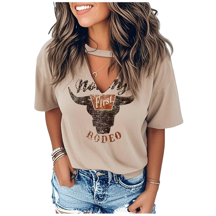 Rodeo Outifts for Women Western Country Concert T Shirts Summer Vacation V Neck Tshirts Cowgirls Funny Graphic Tees Tops(Rodeo Khaki,2X-Large) by CHUNTIANRAN - Used - Like New condition