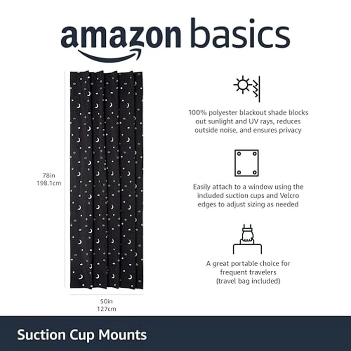 Amazon Basics Portable Window Blackout Shades with Suction Cups, Moon and Stars Design, 127cm W x 198.12cm LInch, 1 Pack by Amazon Basics - Used - Acceptable condition - CA$22.35