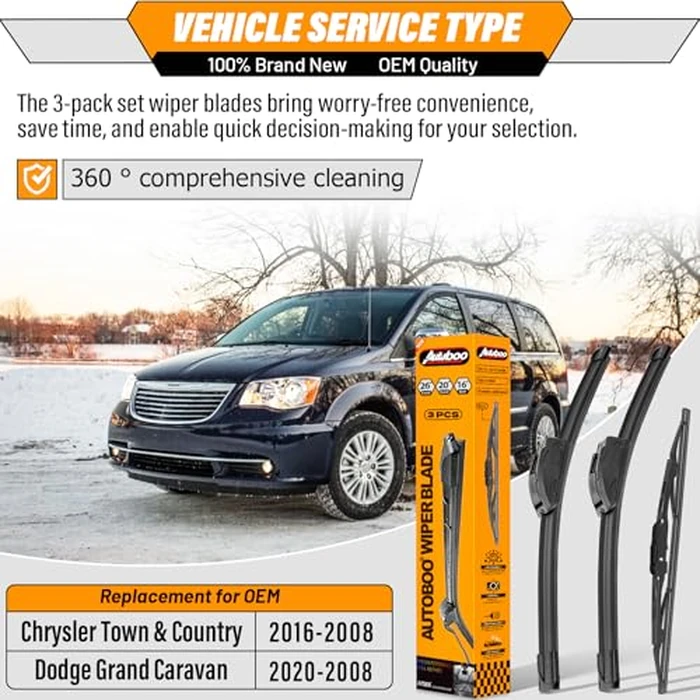 AUTOBOO 26"+20" Windshield Wipers with 16" Rear Wiper Blade Replacement for Dodge Grand Caravan 2008-2014 2015 2016 2017 2018 2019 2020 Town & Country -Original Factory Quality (Pack of 3) by AUTOBOO - Image 2