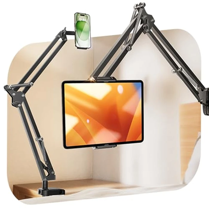 LISEN Tablet Stand iPad Stand for Desk Mount [Ultra Sturdy 2 Clamps] iPad Holder for Tablet Holder Mount Desk Accessories for Men fits iPad Air, iPad 12, iPhone 17e, 4-13" Device (Black) by LISEN - Used - Like New condition