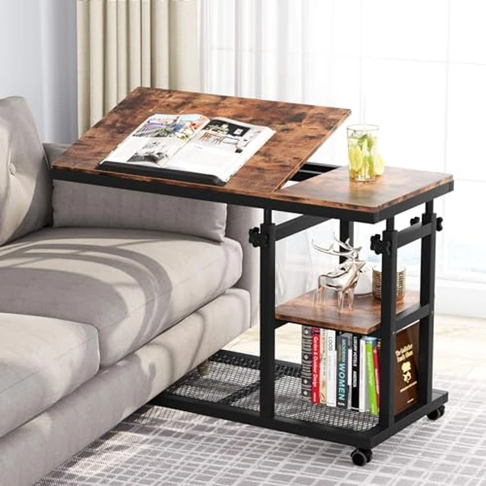 Tribesigns Height Adjustable C Table with Wheels, Mobile Couch Snack Side Table with Tiltable Drawing Board, Sofa Bedside Laptop Stand C Shaped TV Tray with Storage Shelves (Brown) by Tribesigns - Used - Very Good condition