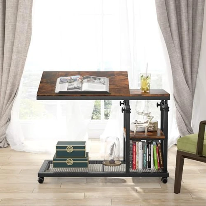 Tribesigns Height Adjustable C Table with Wheels, Mobile Couch Snack Side Table with Tiltable Drawing Board, Sofa Bedside Laptop Stand C Shaped TV Tray with Storage Shelves (Brown) by Tribesigns - Image 3
