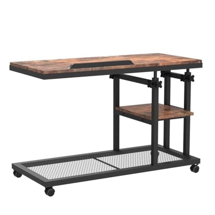 Tribesigns Height Adjustable C Table with Wheels, Mobile Couch Snack Side Table with Tiltable Drawing Board, Sofa Bedside Laptop Stand C Shaped TV Tray with Storage Shelves (Brown) by Tribesigns - Image 4