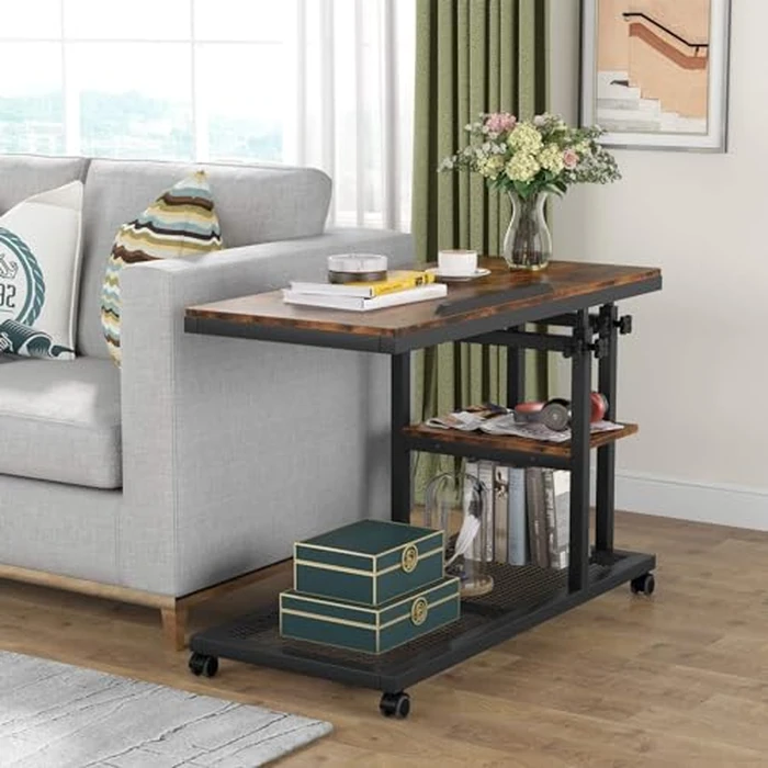 Tribesigns Height Adjustable C Table with Wheels, Mobile Couch Snack Side Table with Tiltable Drawing Board, Sofa Bedside Laptop Stand C Shaped TV Tray with Storage Shelves (Brown) by Tribesigns - Image 5