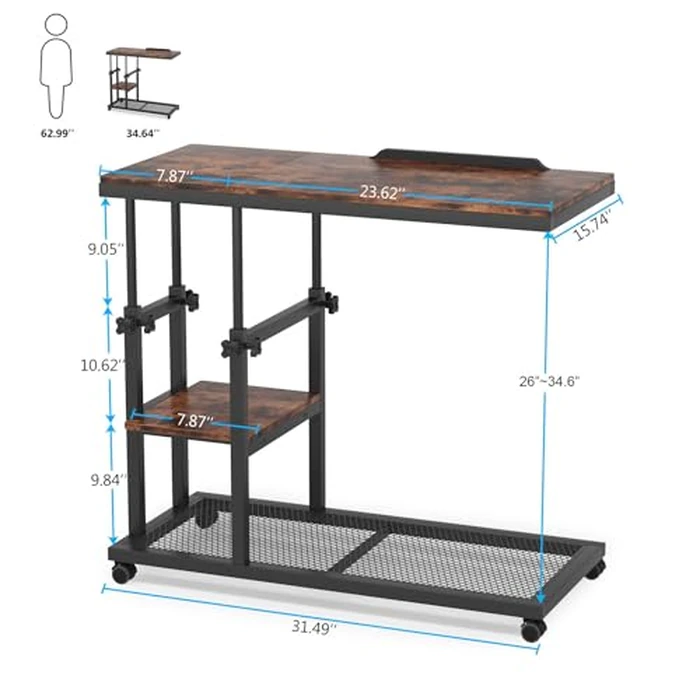 Tribesigns Height Adjustable C Table with Wheels, Mobile Couch Snack Side Table with Tiltable Drawing Board, Sofa Bedside Laptop Stand C Shaped TV Tray with Storage Shelves (Brown) by Tribesigns - Image 6