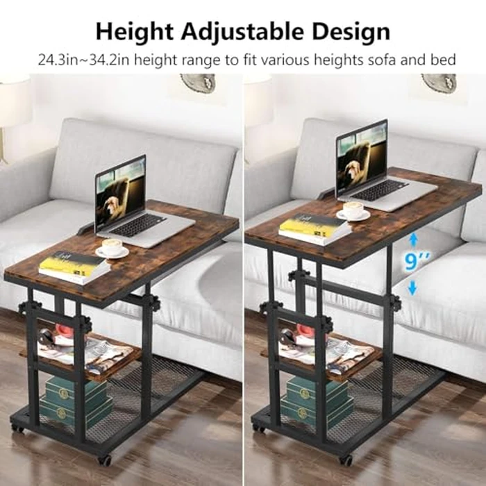 Tribesigns Height Adjustable C Table with Wheels, Mobile Couch Snack Side Table with Tiltable Drawing Board, Sofa Bedside Laptop Stand C Shaped TV Tray with Storage Shelves (Brown) by Tribesigns - Image 7