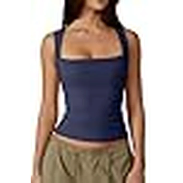 QINSEN Women's Square Neck Sleeveless Double-Layer Tank Tops Basic Tight T Shirts Navy Blue S by QINSEN - Image 3