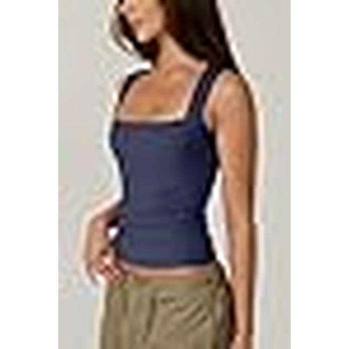QINSEN Women's Square Neck Sleeveless Double-Layer Tank Tops Basic Tight T Shirts Navy Blue S by QINSEN - Image 6