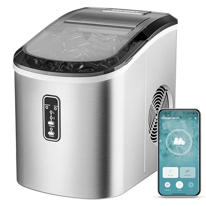 EUHOMY Smart Ice Makers Countertop -26lbs in 24 Hours, 9 Cubes Ready in 8Mins, Self-Cleaning Countertop Ice Maker, Portable Ice Maker with Ice Scoop and Basket, Perfect for Home/Kitchen/Office(Sliver by EUHOMY - Used - Good condition