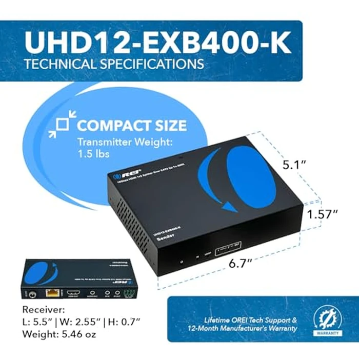 OREI 4K 1x2 HDMI Extender Splitter HDBaseT Over Single Cable CAT6/7 4K@60Hz 4:4:4 HDCP 2.2 with IR Remote EDID Management, HDR - Up to 400 Ft - Loop Out - Low Latency - Power Over Cable by OREI - Image 5