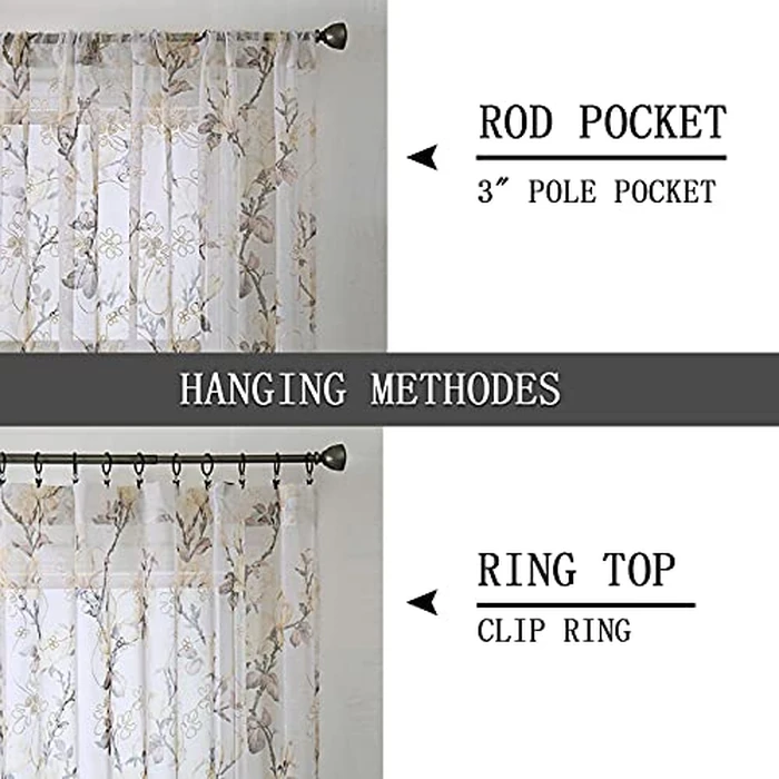 Tollpiz Floral Short White Sheer Tier Curtains Flower Print Vine Embroidery Kitchen Half Curtain Rod Pocket Café Voile Window Curtains for Bathroom, 30 x 24 inches Long, Set of 2 Panels by Tollpiz - Image 5