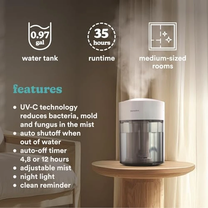 HoMedics Humidifiers for Bedroom, Home, Nursery, Office and Plants. Total Comfort UV-C Ultrasonic Humidifier, Leak Resistant Design, 0.97 Gallon Tank, 35 Hour Run Time, Quiet, Cool Mist, Night Light by Homedics - Image 5