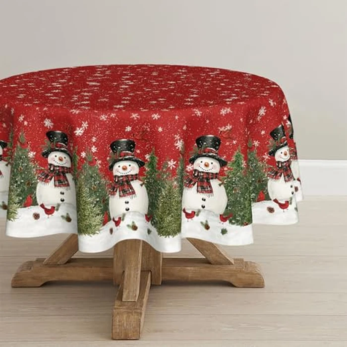 Horaldaily Christmas Tablecloth 90x90 Inch Round, Winter Snowman Trees Red Washable Seasonal Table Cover for Party Picnic Dinner Decor by Horaldaily - Used - Good condition - CA$17.84