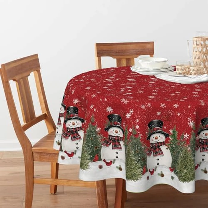 Horaldaily Christmas Tablecloth 90x90 Inch Round, Winter Snowman Trees Red Washable Seasonal Table Cover for Party Picnic Dinner Decor by Horaldaily - Image 2