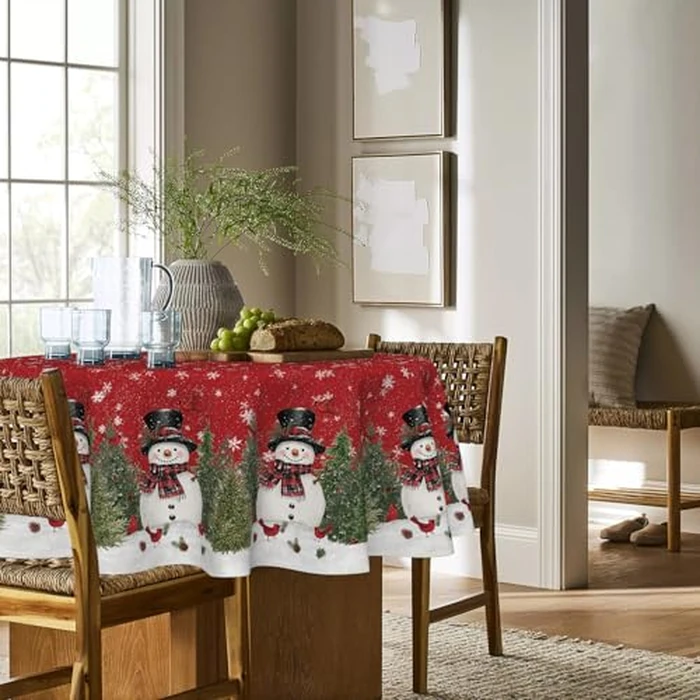 Horaldaily Christmas Tablecloth 90x90 Inch Round, Winter Snowman Trees Red Washable Seasonal Table Cover for Party Picnic Dinner Decor by Horaldaily - Image 3