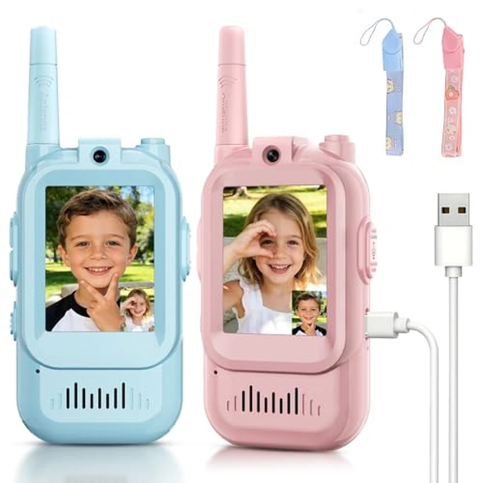 Video Walkie Talkies for Kids Ages 3-12, 2 Pack Rechargeable Video Intercom Toys with Camera, Indoor Outdoor Adventure Games for Family Camping Hiking Birthday Gifts for Boys Girls (Blue/Pink) by MINIBEAR - Used - Very Good condition - US$24.43