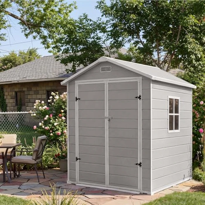 Resin Outdoor Storage Sheds 4x6 ft, Upgraded Double-Wall Outdoor Plastic Shed with Window & Double Doors, Waterproof Lockable Garden Shed (Light Gray, 6 X 4 ft) by PeakPursuit - Used - Like New condition